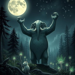 A majestic loxodon druid standing proudly under a full moon, surrounded by a mystical forest