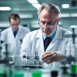 A close-up, realistic image of a engaged scientist in a well-equipped laboratory. The environment is filled with test tubes, microscopes, and other scientific equipment reflecting an atmosphere of precision and intense curiosity.