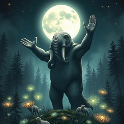 A majestic loxodon druid standing proudly under a full moon, surrounded by a mystical forest