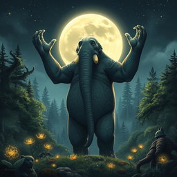 A majestic loxodon druid standing proudly under a full moon, surrounded by a mystical forest