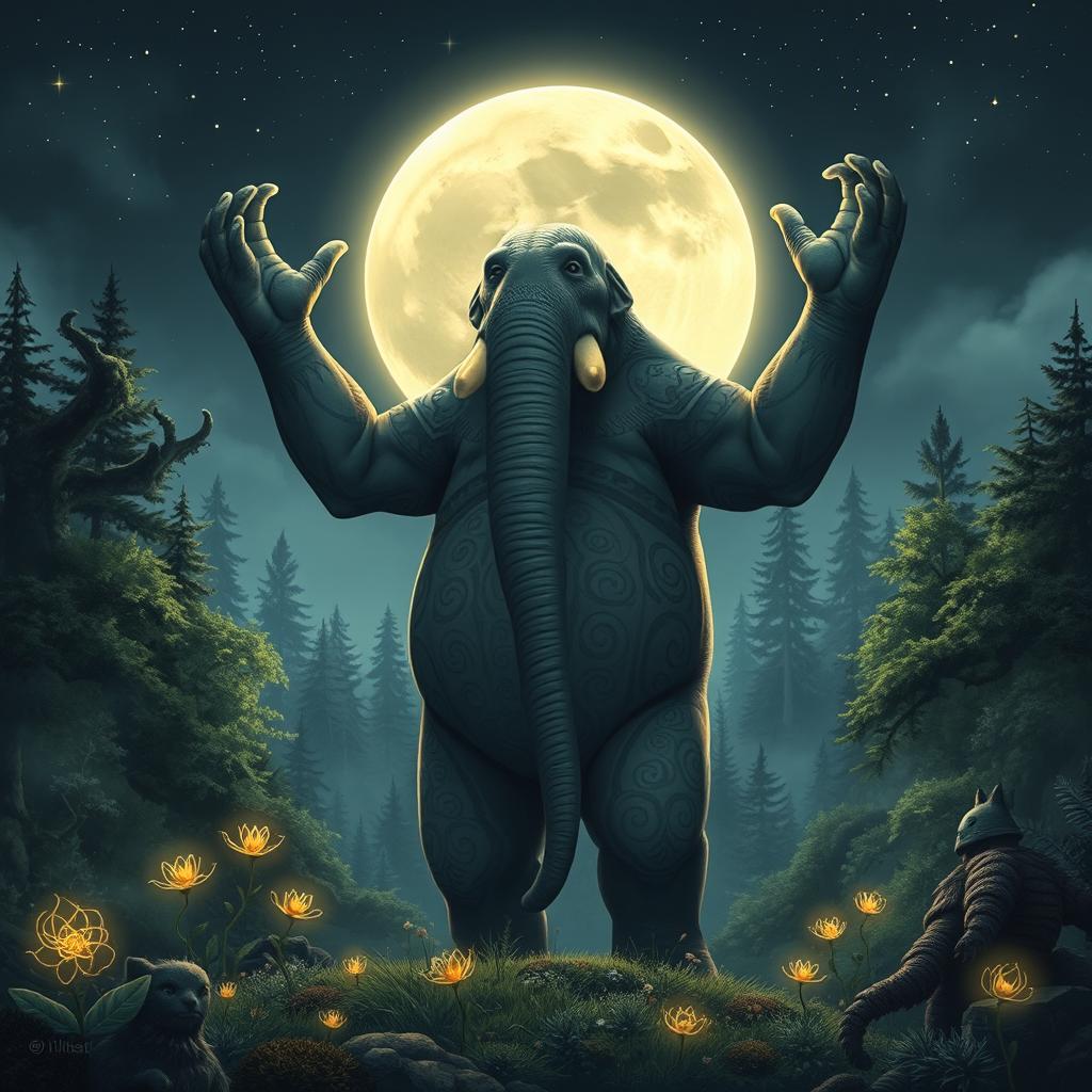 A majestic loxodon druid standing proudly under a full moon, surrounded by a mystical forest