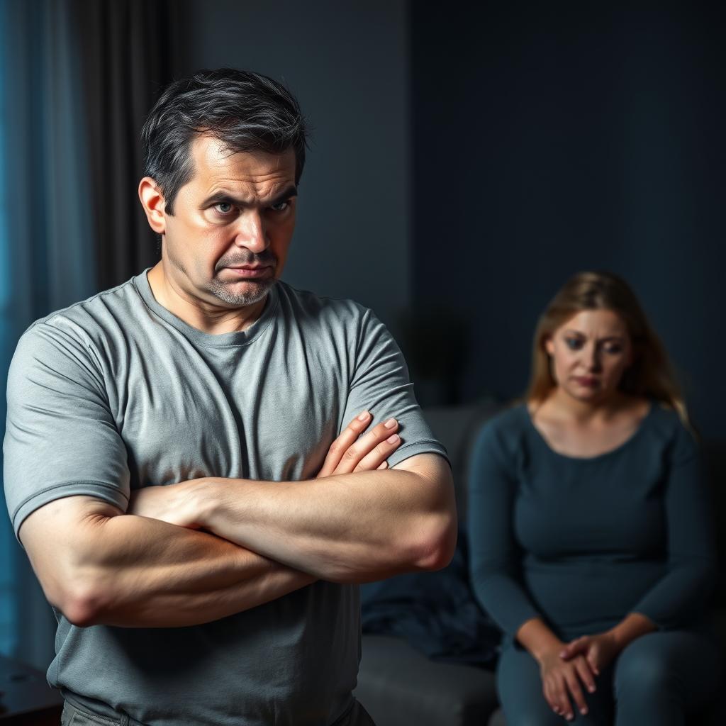 A dramatic portrait of a man exuding a bad attitude towards his wife, showcasing a tense atmosphere