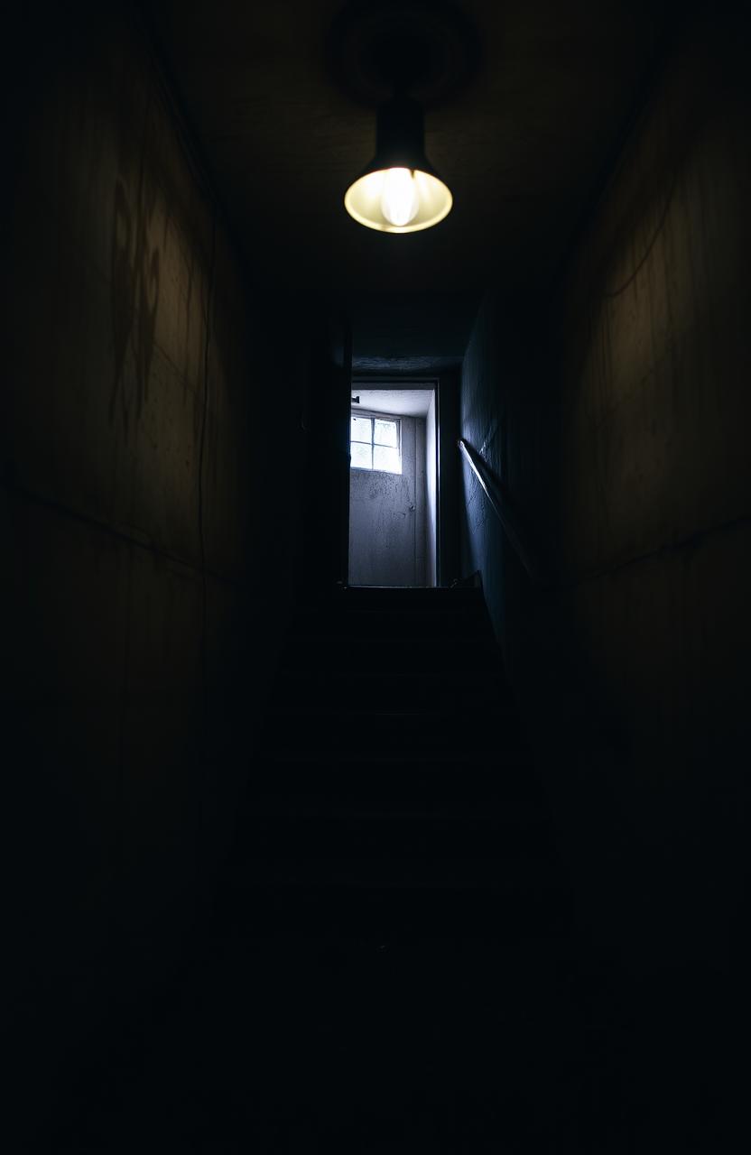 A haunting, dimly lit basement with a single flickering overhead light casting eerie shadows