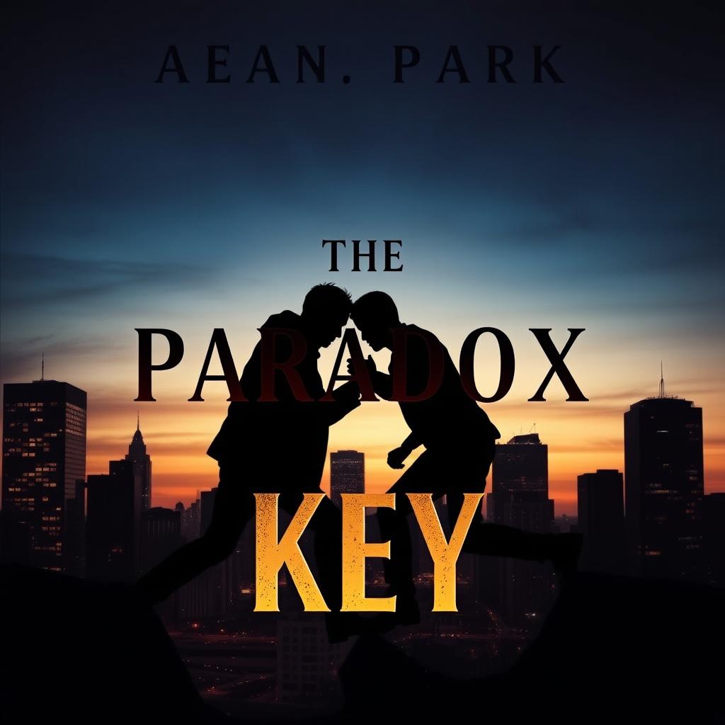 A dramatic cover image featuring an enigmatic design with a shadowy silhouette of two figures engaged in a conflict, set against a striking backdrop of a city skyline at dusk