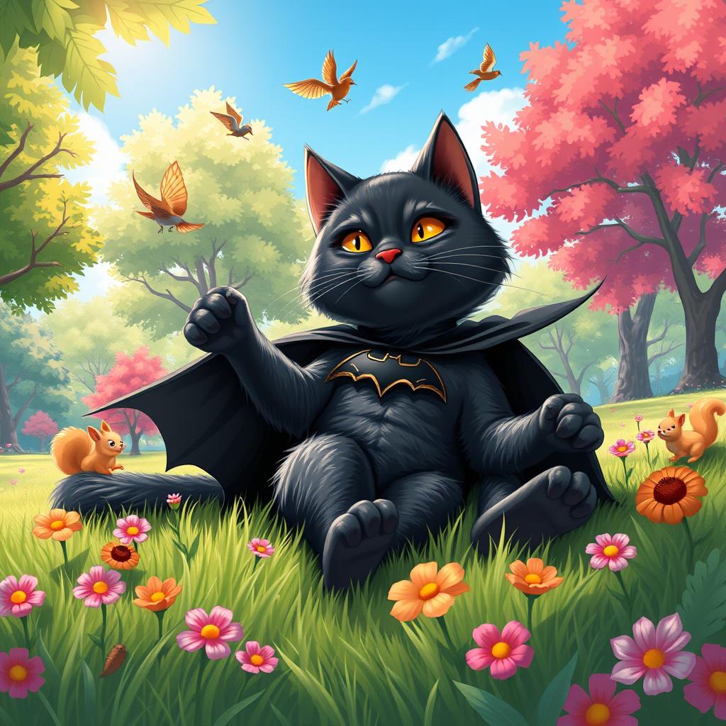 A whimsical scene of Batman as a cat, playfully lounging in a vibrant park