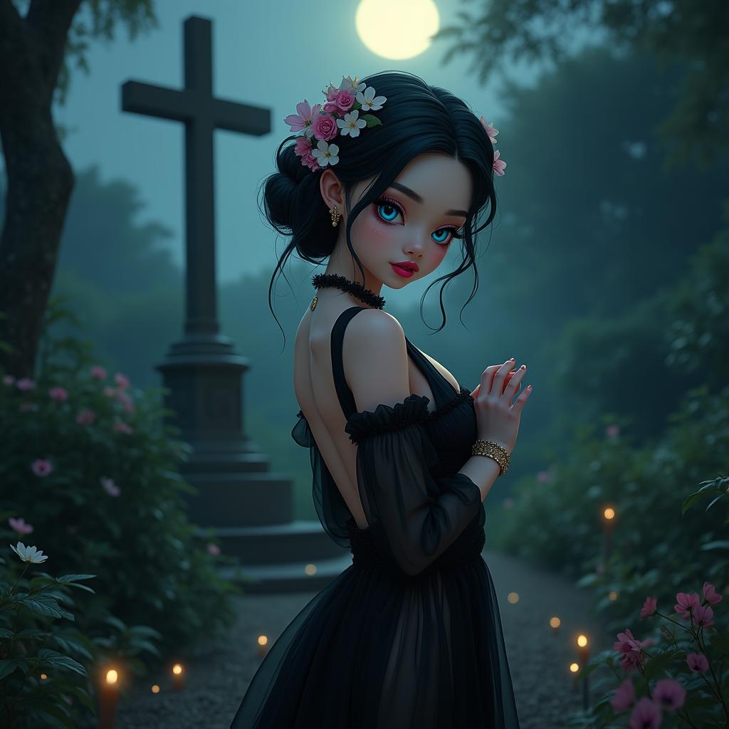 A full-length image of a beautiful and innocent 18-year-old BBW white girl, beautifully adorned with delicate flowers intricately placed in her black hair styled in an elegant updo