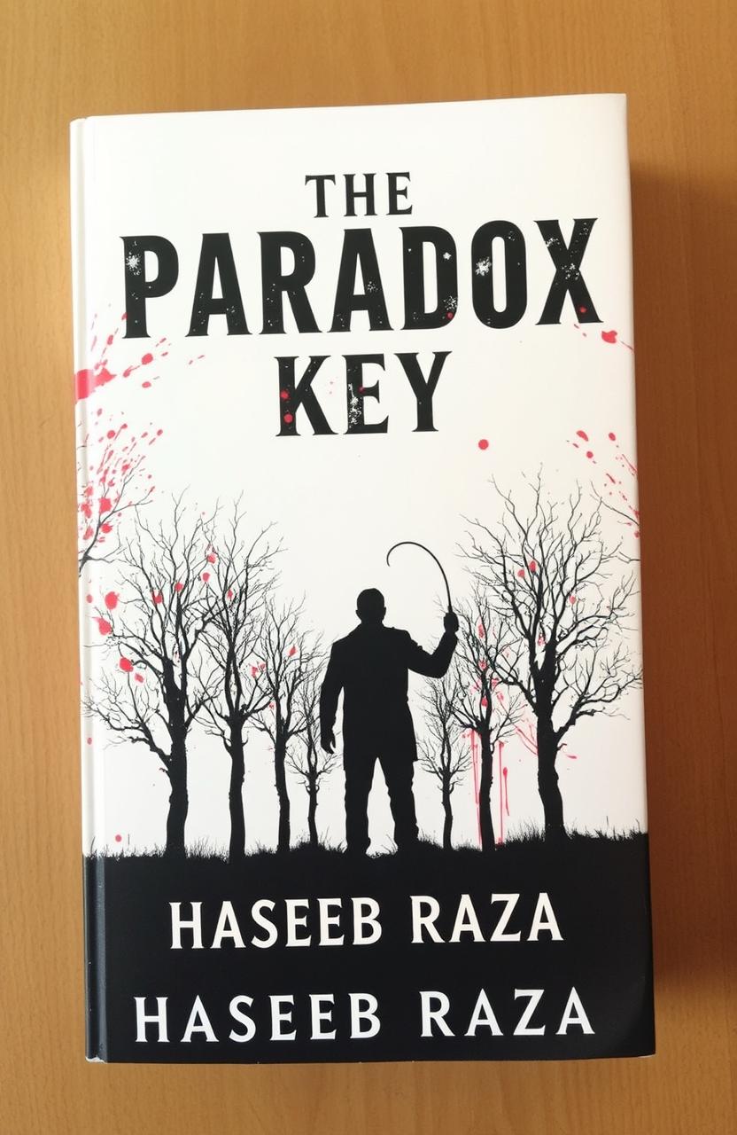 A book cover featuring a stark white background, showcasing eerie trees drenched in splatters of bright red blood