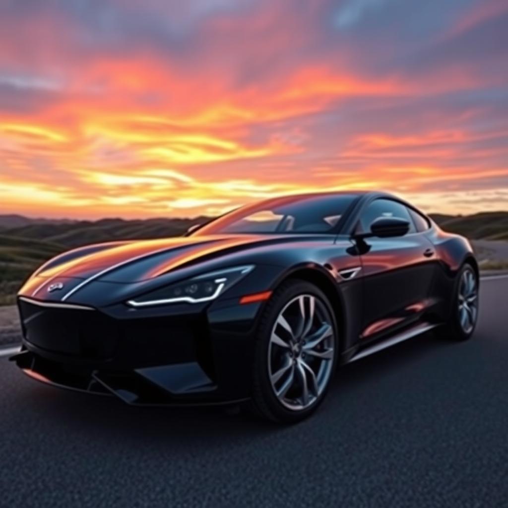 A stunning automobile with a sleek, modern design, parked against a breathtaking sunset backdrop