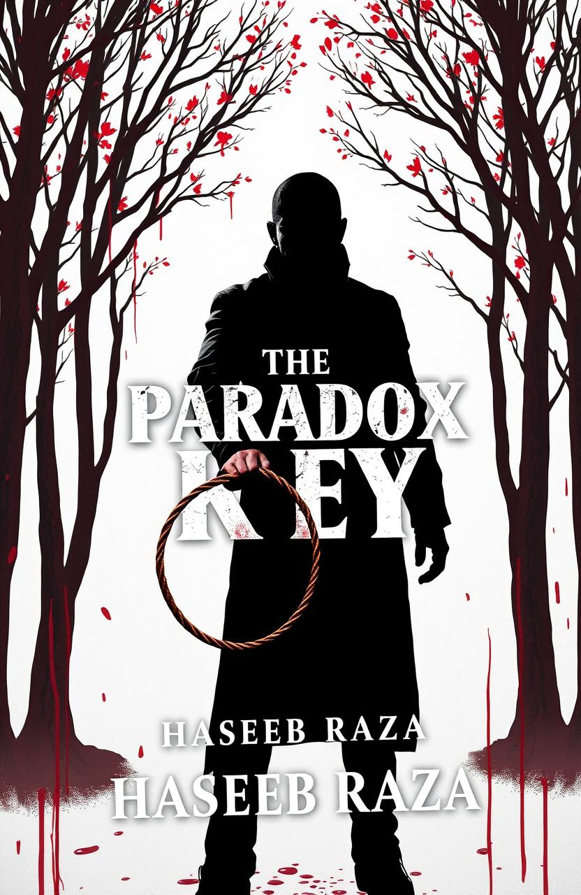 A book cover featuring a stark white background with ominous trees drenched in vivid red blood, creating a striking contrast