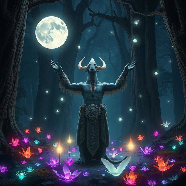 A noble loxodon druid conducting a ritual in a sacred Moon Circle, positioned in a clearing surrounded by towering ancient trees