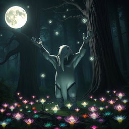 A noble loxodon druid conducting a ritual in a sacred Moon Circle, positioned in a clearing surrounded by towering ancient trees