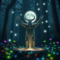 A noble loxodon druid conducting a ritual in a sacred Moon Circle, positioned in a clearing surrounded by towering ancient trees