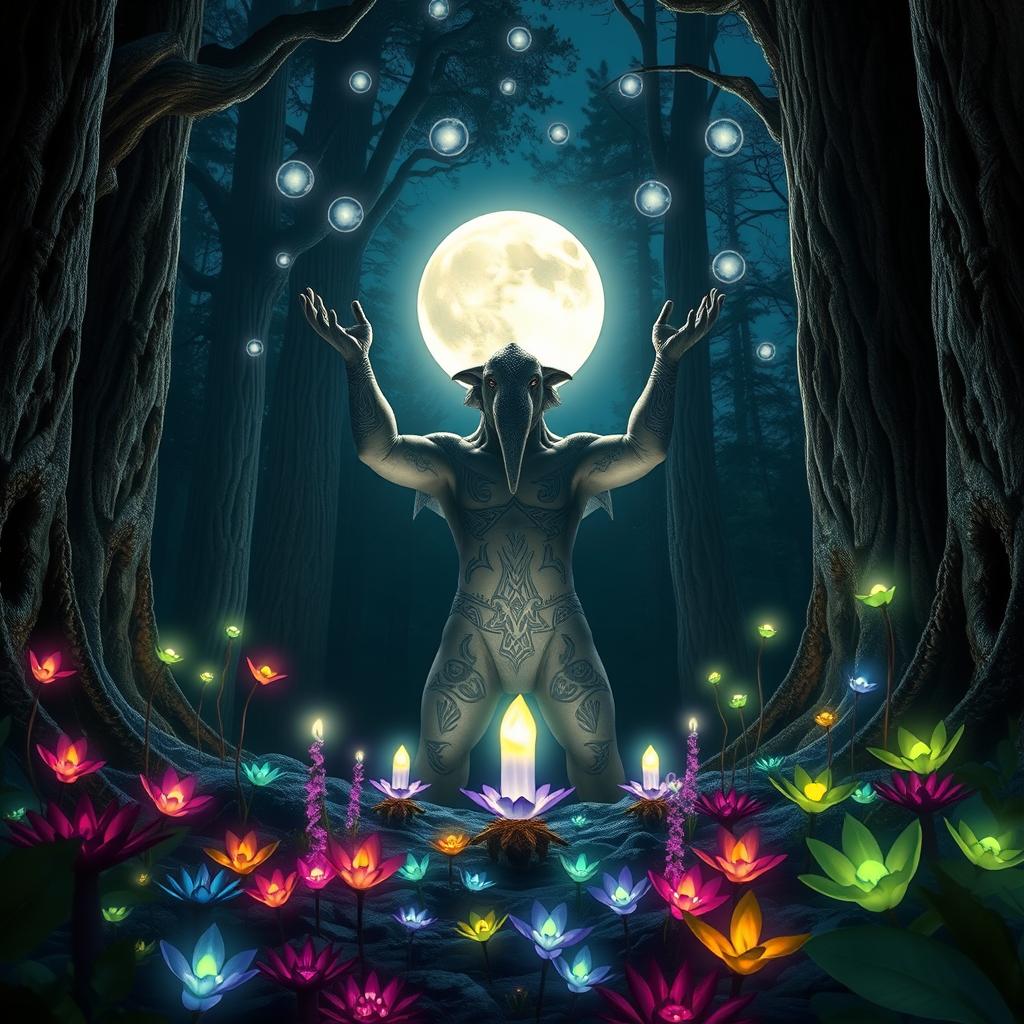A noble loxodon druid conducting a ritual in a sacred Moon Circle, positioned in a clearing surrounded by towering ancient trees