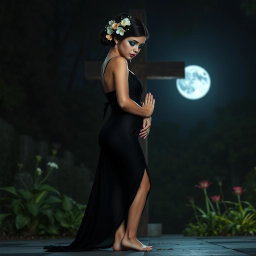 A full-length image of a beautiful 18-year-old BBW white girl, characterized by her innocence, with delicate flowers beautifully arranged in her black hair styled in an elegant updo