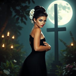 A full-length image of a beautiful 18-year-old BBW white girl, characterized by her innocence, with delicate flowers beautifully arranged in her black hair styled in an elegant updo