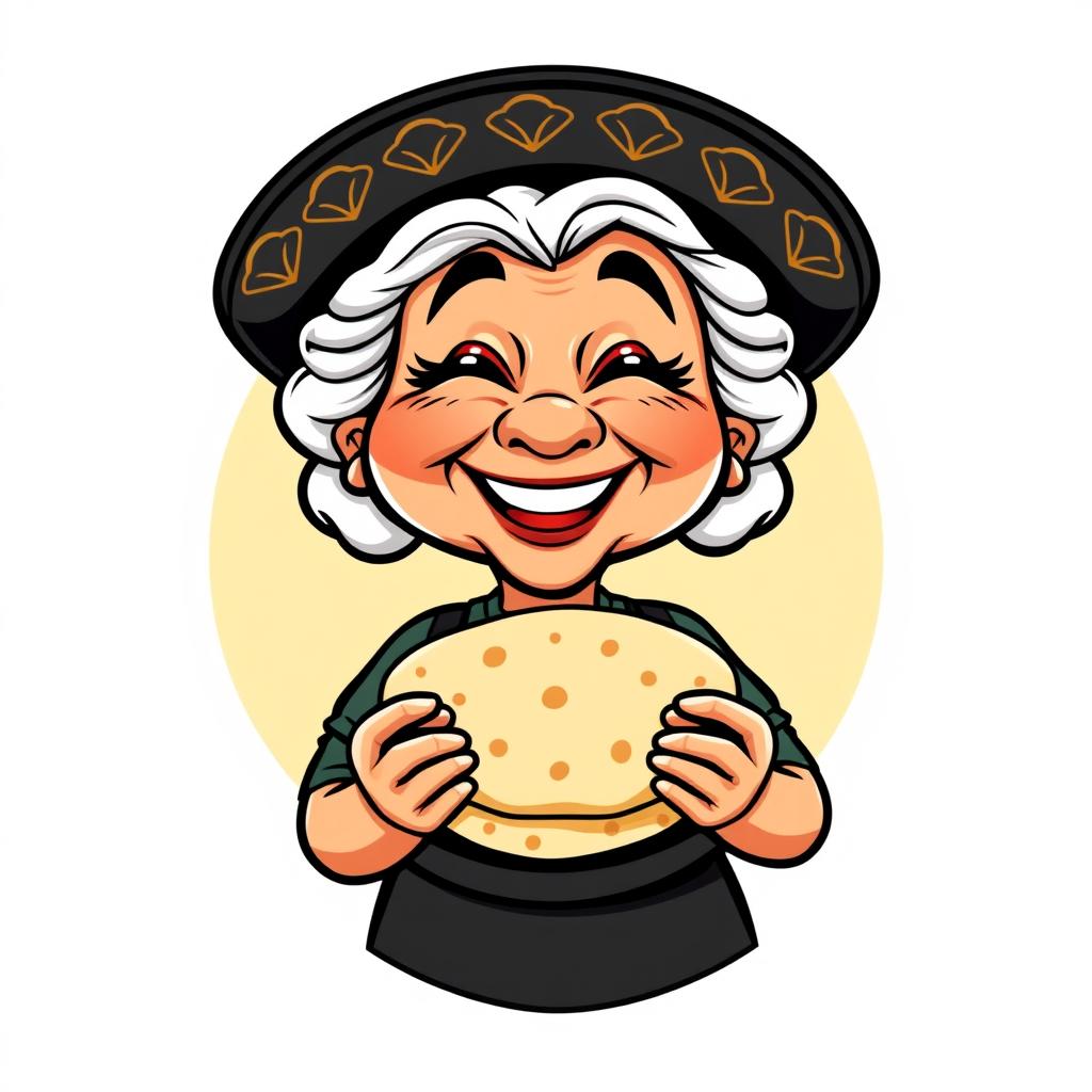 A lively cartoon-style logo featuring an abuela, a joyful elderly woman, wearing a traditional black Mexican cap