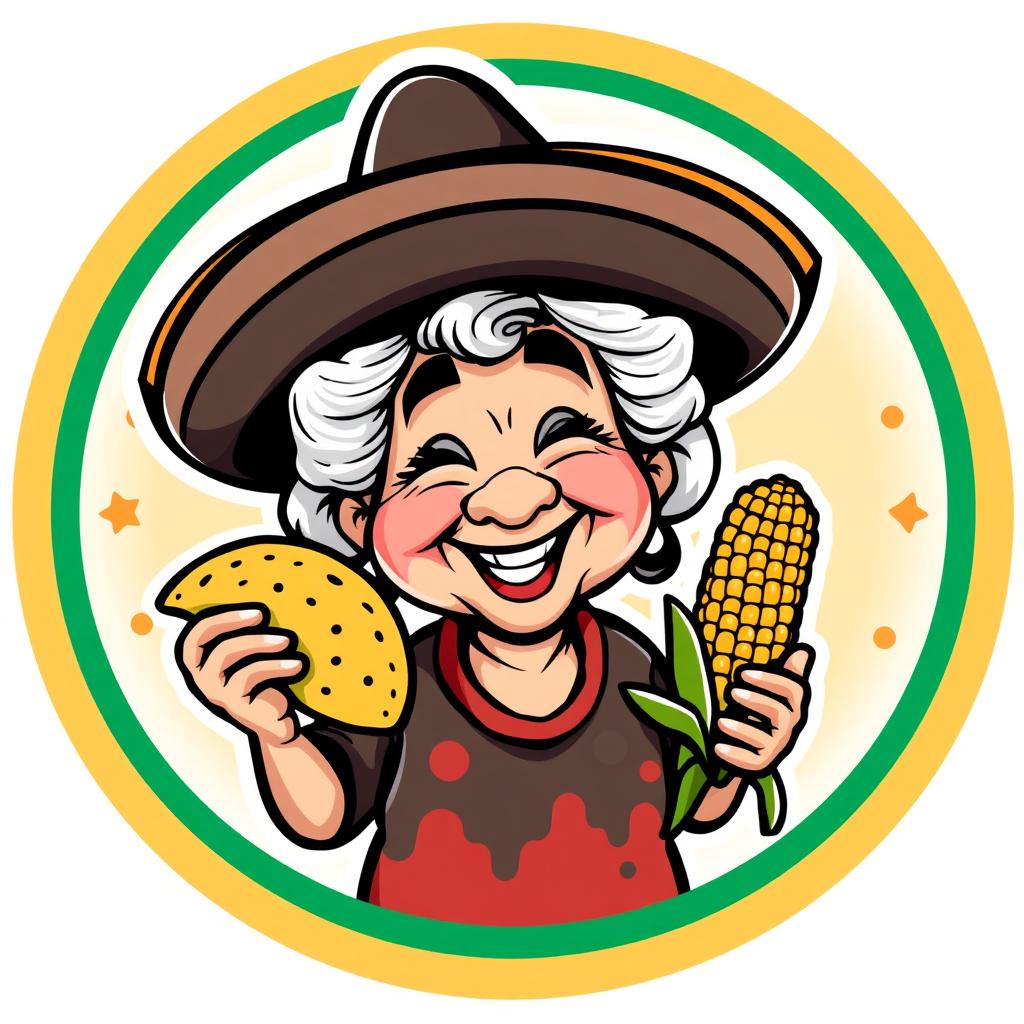 A vibrant logo featuring a cartoon-style abuela, a joyful elderly woman, wearing a classic black sombrero cap