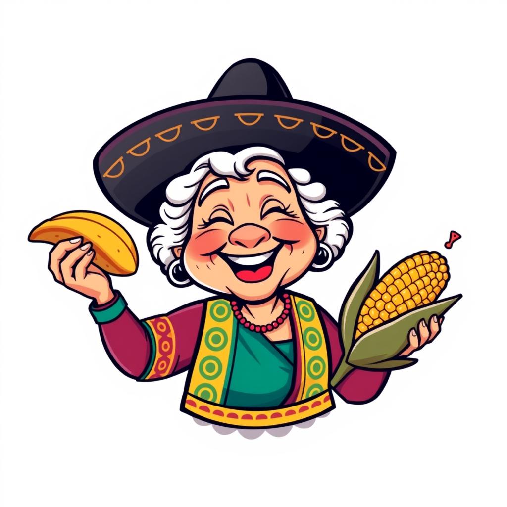 A vibrant cartoon-style logo featuring an abuela, a cheerful elderly woman, wearing a traditional black sombrero cap