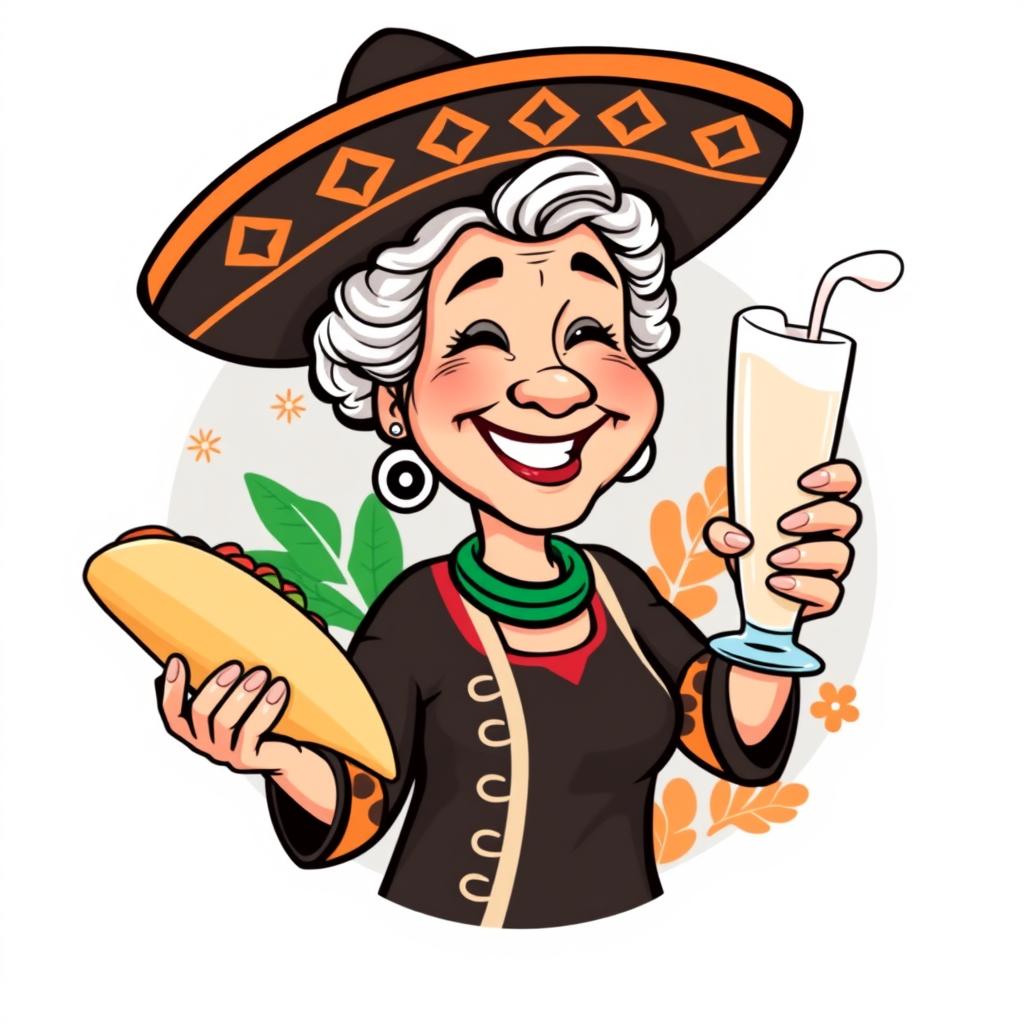 A cheerful cartoon-style logo featuring an abuela, a joyful elderly woman, donning a traditional black sombrero cap