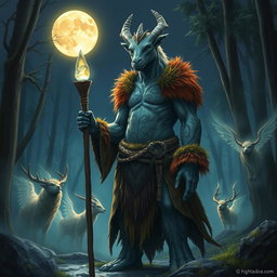 A vibrant scene depicting a loxodon druid of the Circle of the Moon, standing proudly in a mystical forest illuminated by the full moon