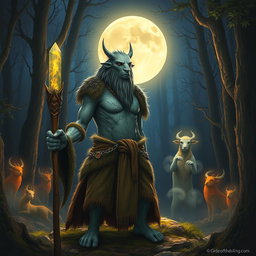 A vibrant scene depicting a loxodon druid of the Circle of the Moon, standing proudly in a mystical forest illuminated by the full moon