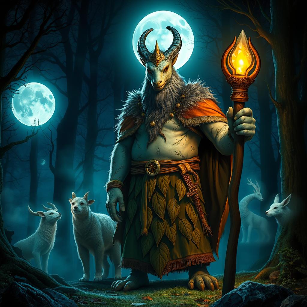A vibrant scene depicting a loxodon druid of the Circle of the Moon, standing proudly in a mystical forest illuminated by the full moon