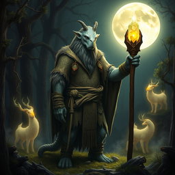 A vibrant scene depicting a loxodon druid of the Circle of the Moon, standing proudly in a mystical forest illuminated by the full moon