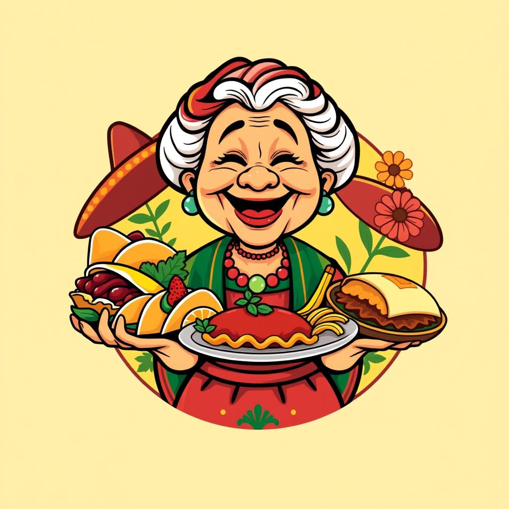 A colorful cartoon-style logo featuring an abuela, a cheerful elderly woman, warmly smiling as she holds a variety of traditional Mexican foods