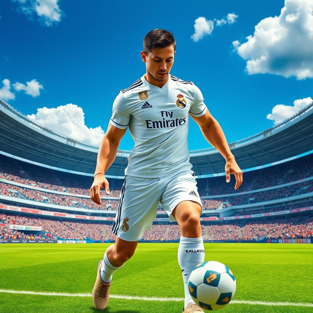 A muscular football player in a Real Madrid uniform, sporting the team's iconic white jersey with the club crest prominently displayed