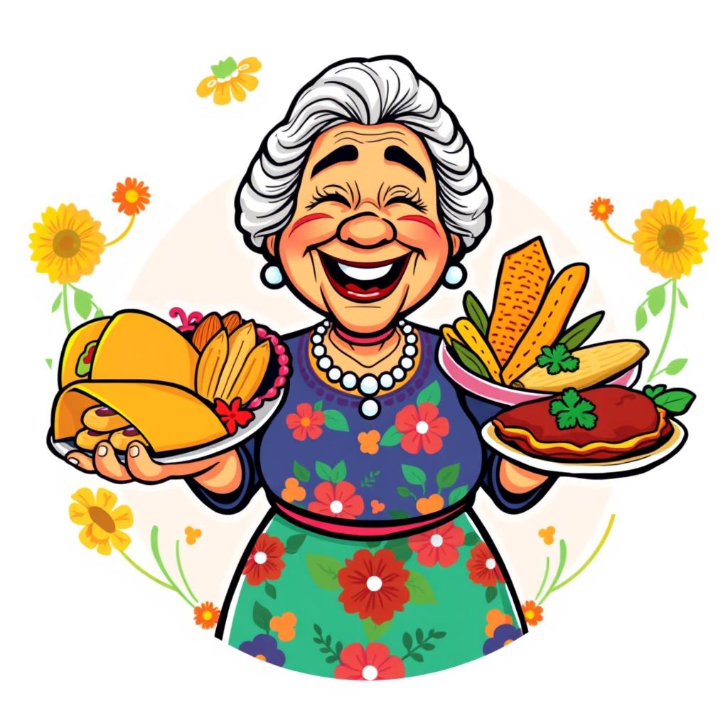 A lively cartoon-style logo featuring an abuela, a cheerful elderly woman, smiling warmly as she holds a variety of traditional Mexican foods