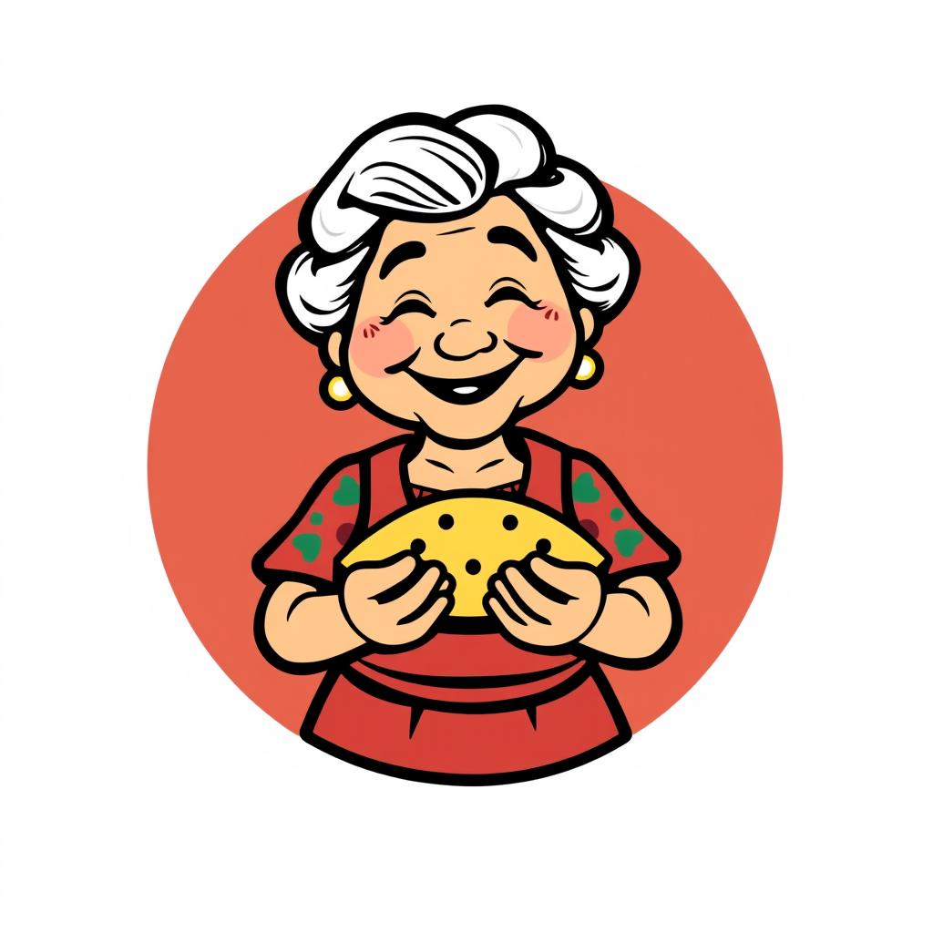 A simple yet charming cartoon-style logo featuring an abuela, a happy elderly woman, smiling as she holds a warm tortilla in her hands
