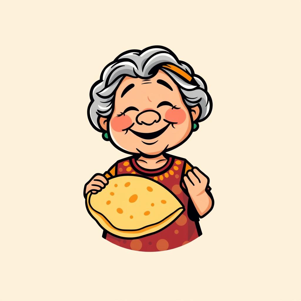 A simple and charming cartoon-style logo featuring an abuela, a joyful elderly woman, smiling as she holds a freshly made tortilla in her hands