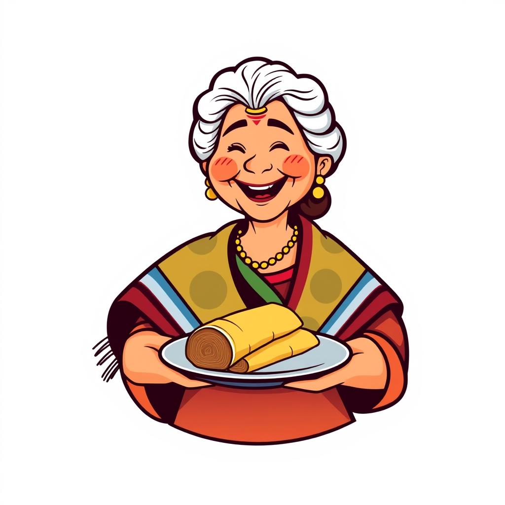 A simple and delightful cartoon-style logo featuring a Mexican abuela, a joyful elderly woman, happily holding a plate of tamales