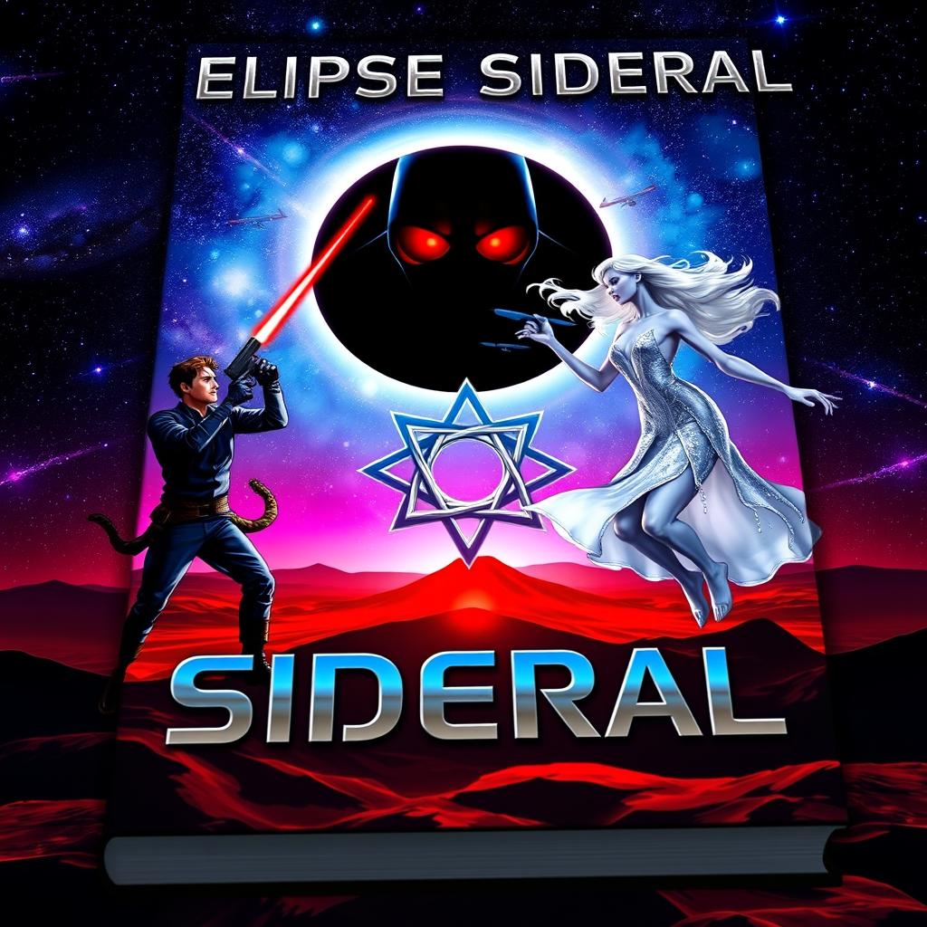 A stunning book cover for *Eclipse Sideral* showcasing a starry panorama with a vibrant blue and purple galaxy