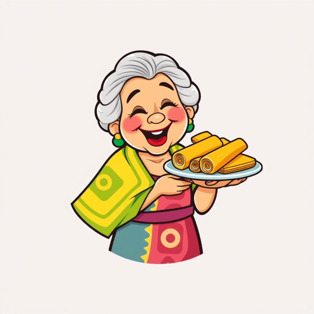 A simple and delightful cartoon-style logo featuring a Mexican abuela, a cheerful elderly woman, joyfully holding a plate of colorful tamales