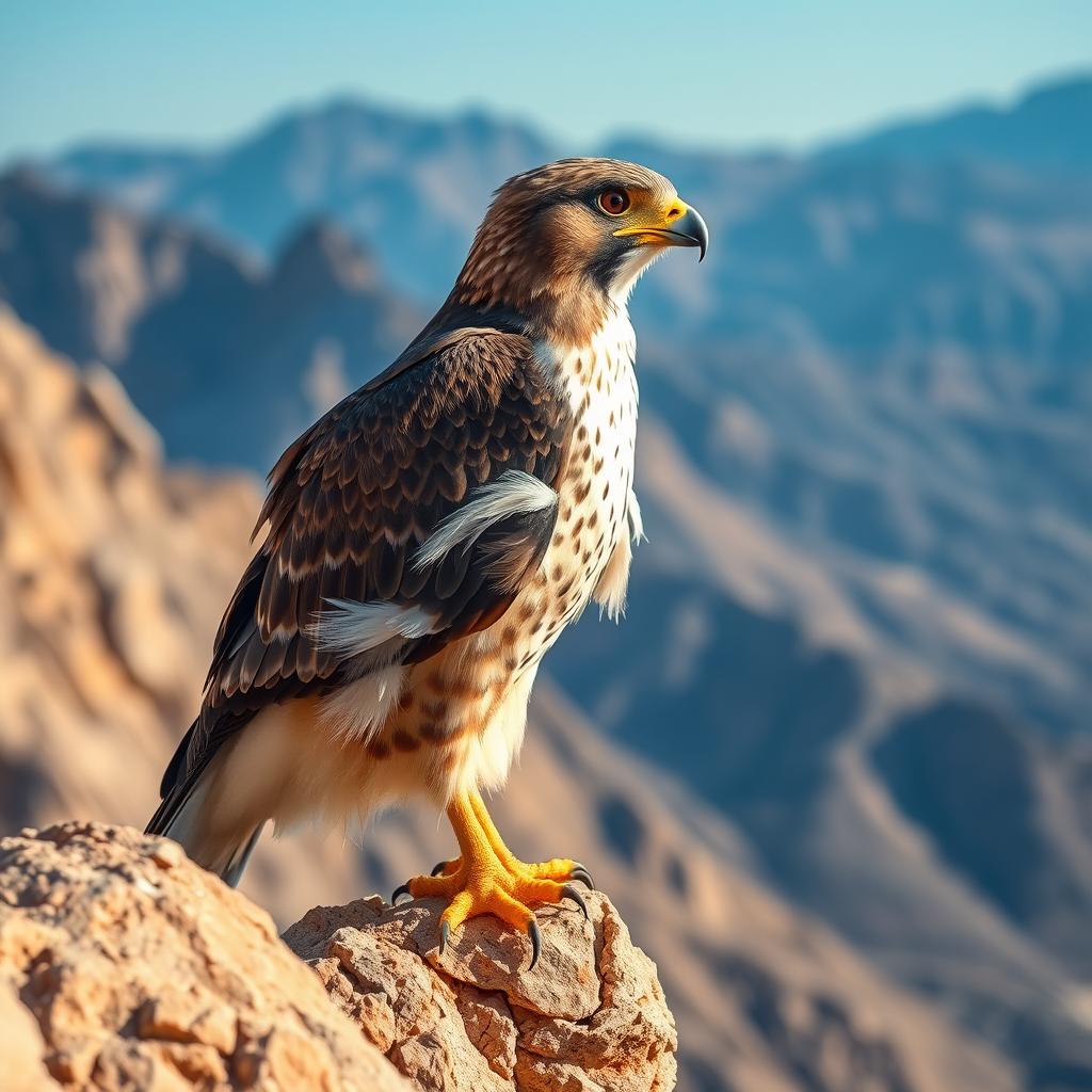 A stunning Shaheen falcon perched on a rocky cliff, showcasing its distinctive features such as the sharp beak and striking plumage