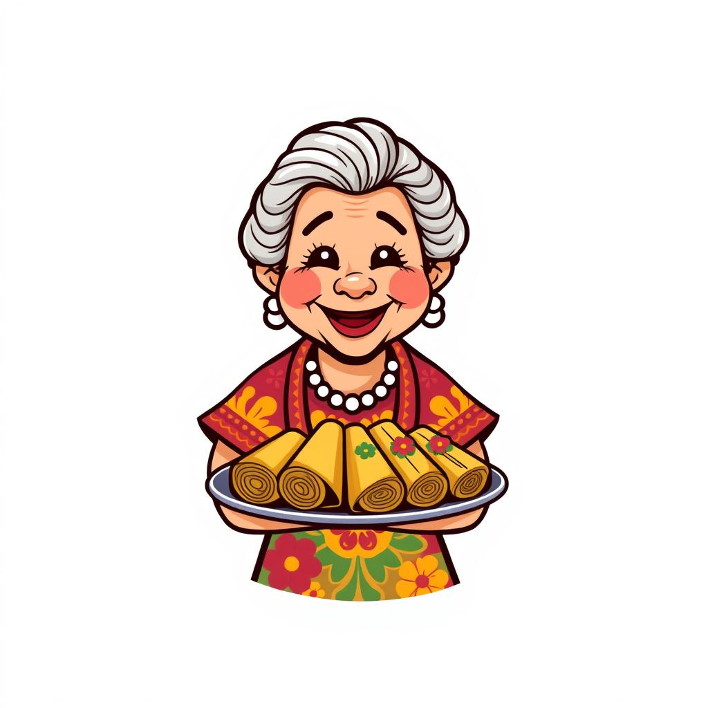 A simple and joyful cartoon-style logo featuring a Mexican abuela, a cheerful elderly woman, happily holding a plate of tamales