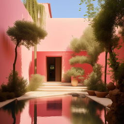 2D image of a serene courtyard, capturing the style of Luis Barragán, with vibrant pink walls, abundant lush greenery, and tranquil water features. Incorporate his renowned use of light and shadow for a visually captivating and emotionally resonant ambiance.