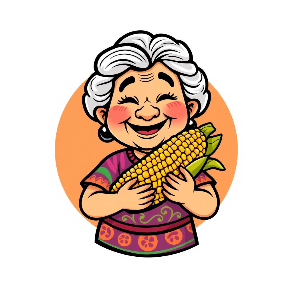 A simple and cheerful cartoon-style logo featuring a Mexican abuela, a loving elderly woman, happily holding a cob of elote (Mexican street corn)
