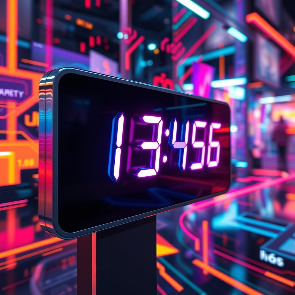 A vibrant, visually striking photo featuring a sleek digital screen, prominently displaying a futuristic clock with exaggerated and artistic numbers, glowing in neon colors