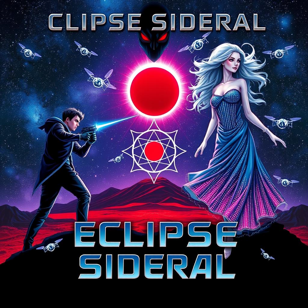 A captivating book cover illustration for *Eclipse Sideral*, featuring a starry panorama with a stunning blue and purple galaxy