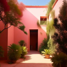 2D image of a serene courtyard, capturing the style of Luis Barragán, with vibrant pink walls, abundant lush greenery, and tranquil water features. Incorporate his renowned use of light and shadow for a visually captivating and emotionally resonant ambiance.