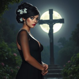 A full-length image of a beautiful, innocent 18-year-old BBW white girl, with delicate flowers woven into her black hair styled in an elegant updo