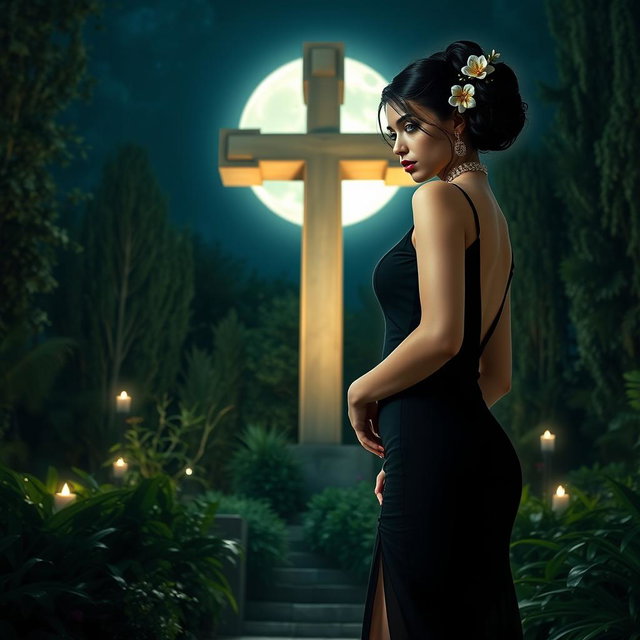 A full-length image of a beautiful, innocent 18-year-old BBW white girl, with delicate flowers woven into her black hair styled in an elegant updo