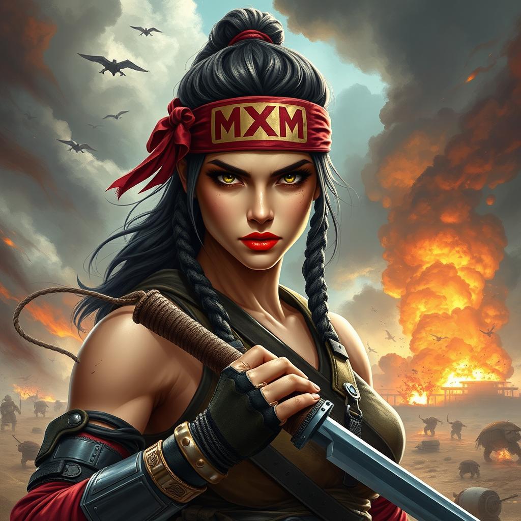 A fierce female warrior stands confidently on a dynamic battlefield, showcasing her strength and resilience