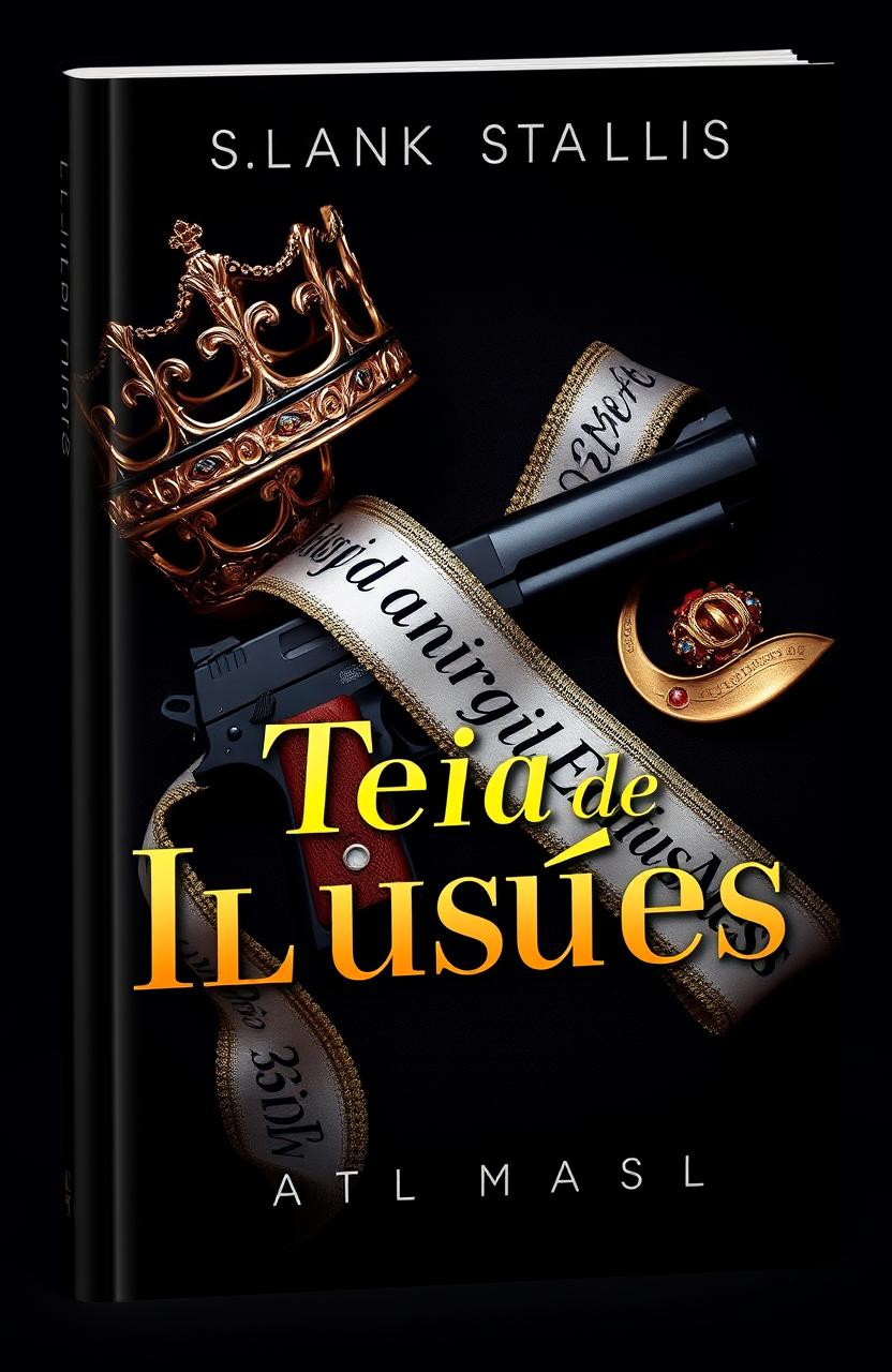 A captivating book cover design featuring a royal crown, a stylish gun, and a glamorous Miss Brazil sash elegantly draped across the composition