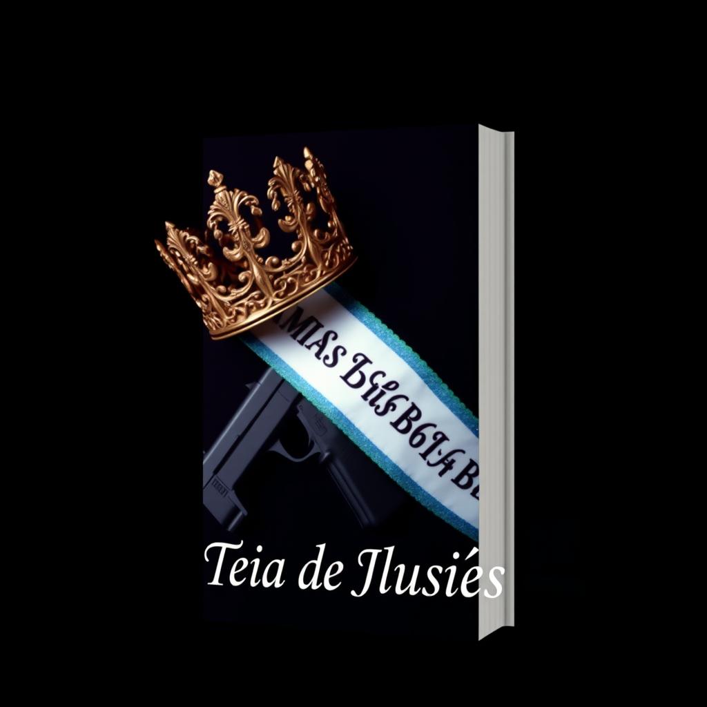 A visually striking book cover design featuring an ornate crown, a sleek gun, and a glamorous Miss Brazil sash artistically arranged together