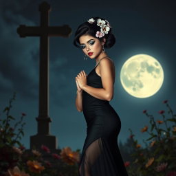 A full-length image of a beautiful, innocent 18-year-old BBW white girl, elegantly adorned with delicate flowers in her black hair styled in an updo, complemented by a somber expression on her face