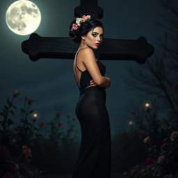 A full-length image of a beautiful, innocent 18-year-old BBW white girl, elegantly adorned with delicate flowers in her black hair styled in an updo, complemented by a somber expression on her face