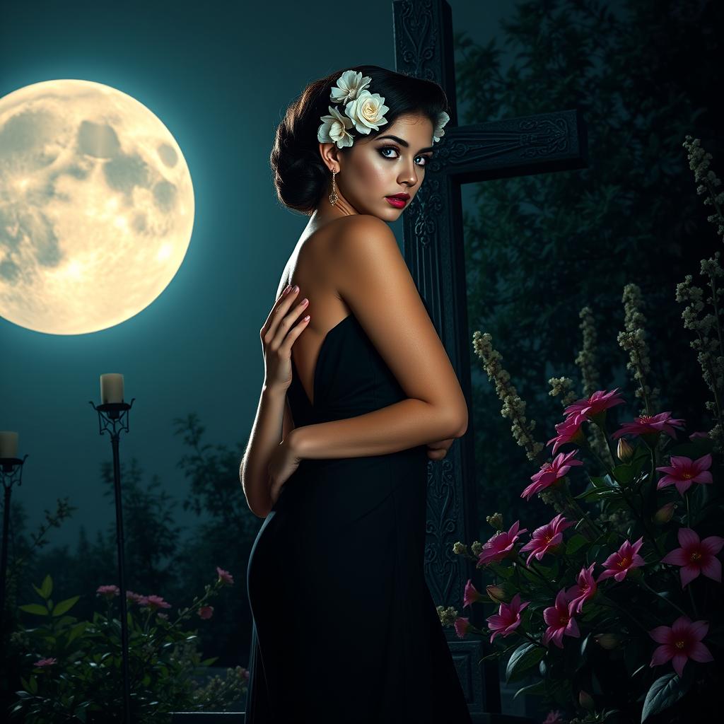 A full-length image of a beautiful, innocent 18-year-old BBW white girl, elegantly adorned with delicate flowers in her black hair styled in an updo, complemented by a somber expression on her face